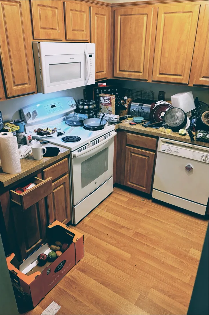 Kitchen reset, corner to corner, before
